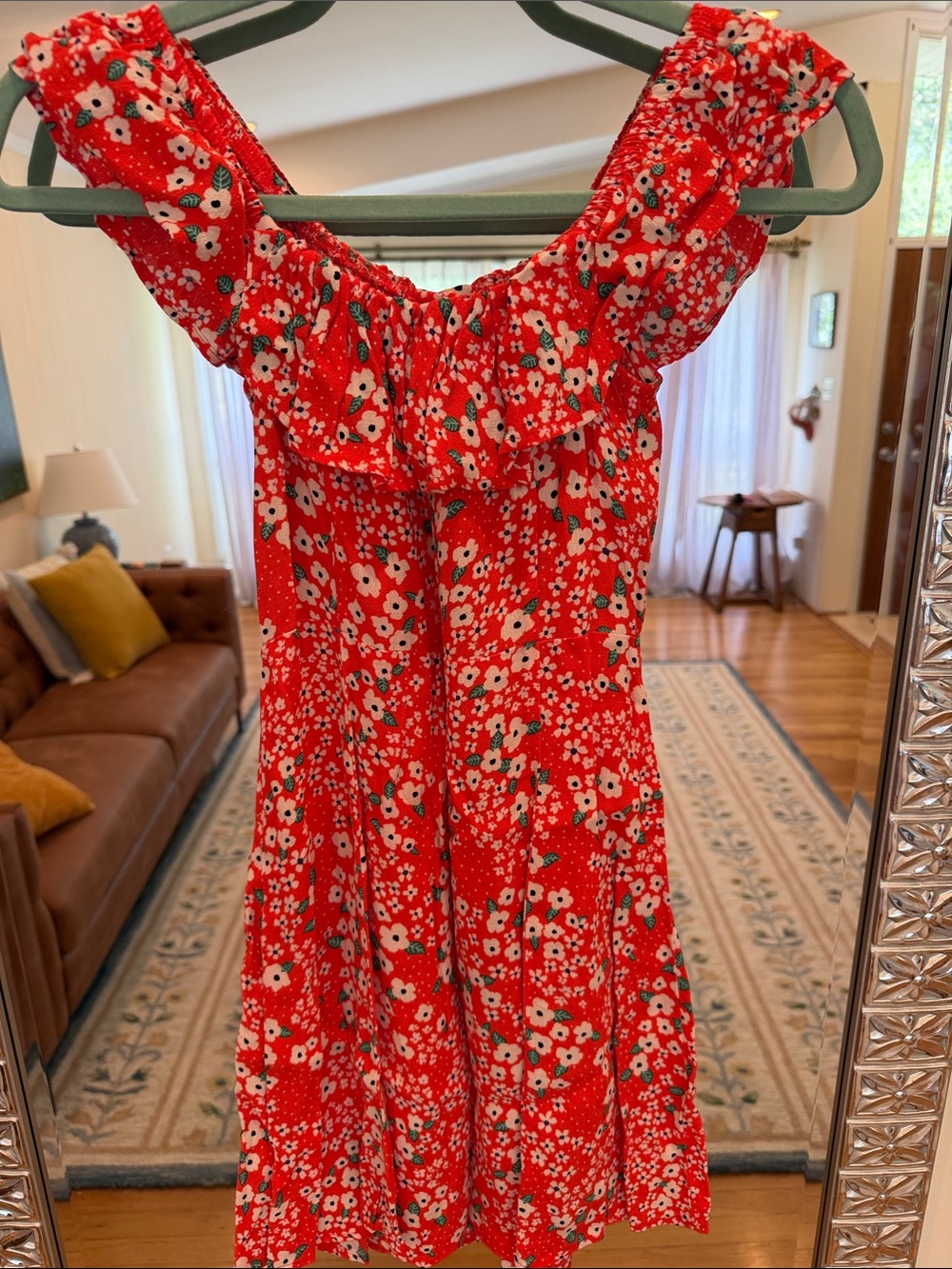 Red Floral Mini Dress with Ruffle Neckline - Picture 5 of 6
